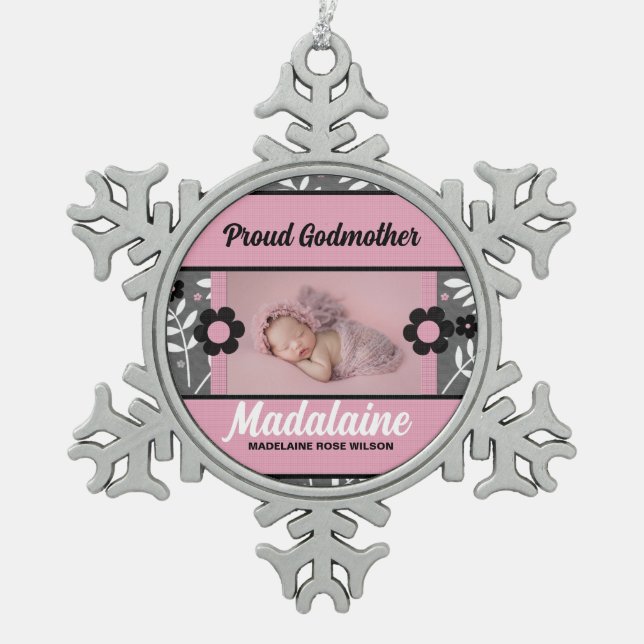 Proud Godmother Photo Ornament | Pink Christmas (Front)