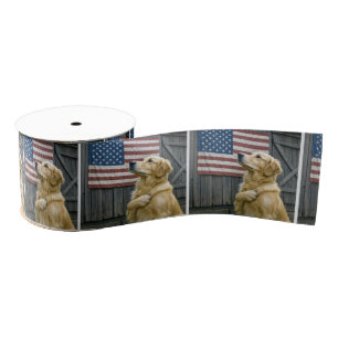 Proud Golden Retriever With American Flag Grosgrain Ribbon