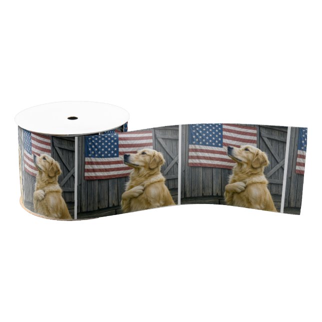 Proud Golden Retriever With American Flag Grosgrain Ribbon (Spool)