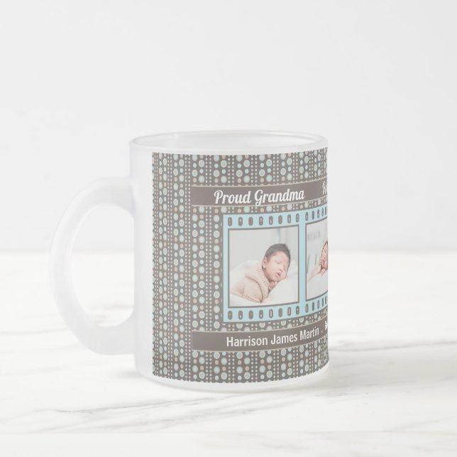 Proud Grandma Aqua and Brown 4 Photo Frosted Glass Coffee Mug (Left)