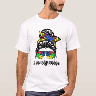 Proud Grandma Autism Awareness Messy Bun Women T-Shirt