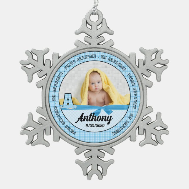 Proud Grandma Baby Blue Monogram A Snowflake Pewter Christmas Ornament (Front)