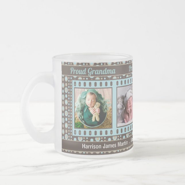 Proud Grandma Brown and Aqua 4 Photo Frosted Glass Coffee Mug (Left)