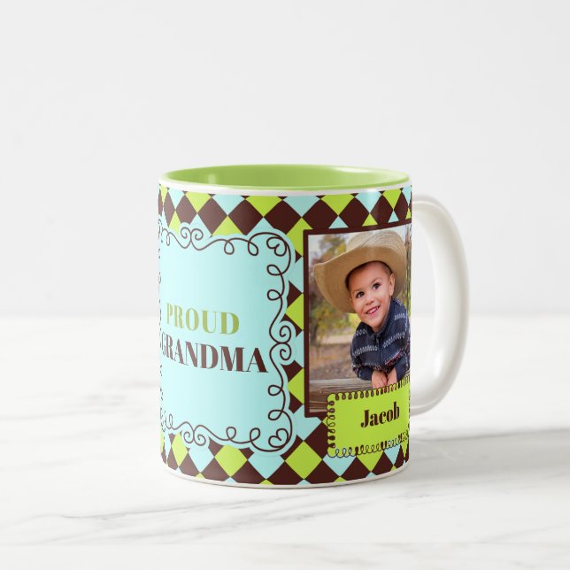 Proud GRANDMA Green and Brown 2 Photo Two-Tone Coffee Mug (Front Right)