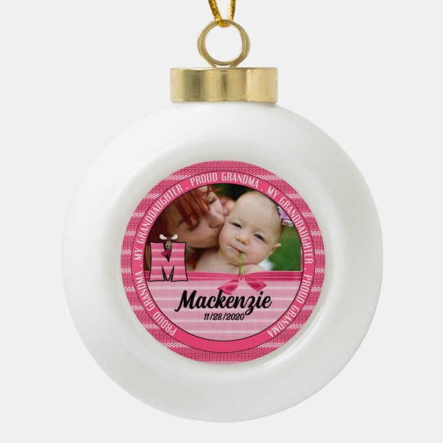 Proud Grandma Monogram M New Baby Girl Ceramic Ball Christmas Ornament (Front)