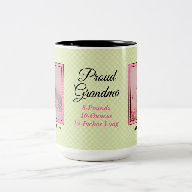 Proud Grandma New Baby Green and Pink 2 Photo Two-Tone Coffee Mug (Center)
