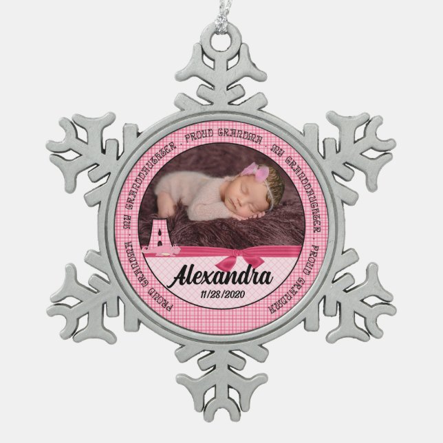 Proud Grandma Pink New Baby Monogoram Snowflake Pewter Christmas Ornament (Front)