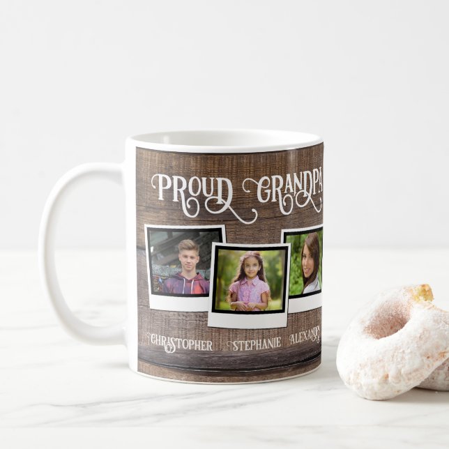 Proud Grandpa 3 Photo Snapshot Father's Day Coffee Mug (With Donut)