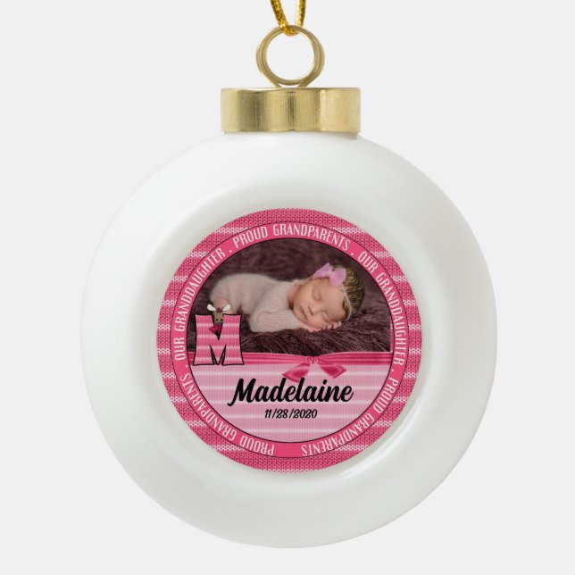 Proud Grandparents Monogram M New Baby Girl Ceramic Ball Christmas Ornament (Front)