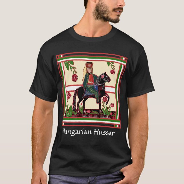Proud Hungarian Hussar on a Black Horse Folk Art T-Shirt (Front)