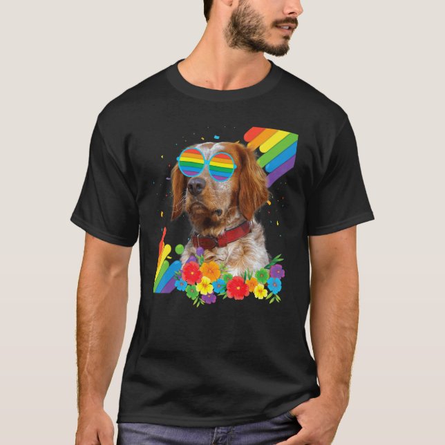 Proud Lgbt Gay Brittany Spaniel Dog Pride Flag Rai T-Shirt (Front)