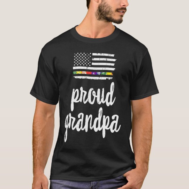 Proud LGBTQ Grandpa American USA Flag Pride Ally R T-Shirt (Front)