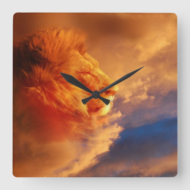 Proud male lion face in sunset clouds square wall clock (Front)