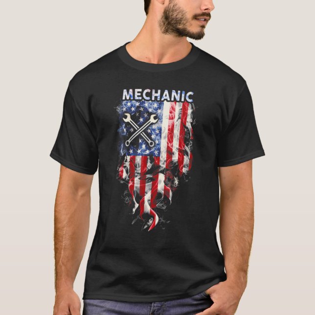 Proud Mechanic American Flag Independence T-Shirt (Front)