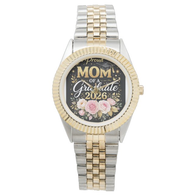 Proud Mom of a Graduate 2026 – Elegant Gold & Flor Watch (Front)