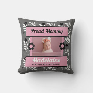 Proud Mommy Pink Floral Name and 2 Photos Cushion