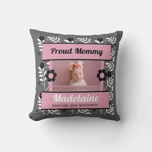 Proud Mommy Pink Floral Name and 2 Photos Cushion (Front)