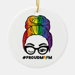 Proud Mum Messy Hair Bun LGBTQ Rainbow Flag Gay Pr Ceramic Tree Decoration