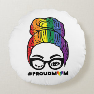 Proud Mum Messy Hair Bun LGBTQ Rainbow Flag Gay Pr Round Cushion
