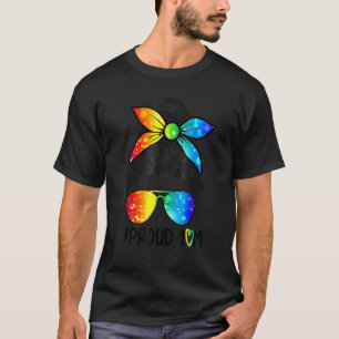 Proud Mum Messy Hair Bun Lgbtq Rainbow Flag Gay Pr T-Shirt