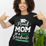Proud Mum of 2024 graduate black green cap tassel  T-Shirt<br><div class="desc">Celebrate your son's or daughter's graduation with this modern t-shirt featuring a "Proud MOM of a 2024 Graduate" typography in white and green fonts decorated with a black grad cap with a green tassel; easily customise this t-shirt with the graduation year and the name of the graduate by editing the...</div>