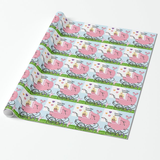 Proud New Grandma - Baby Girl Wrapping Paper (Unrolled)