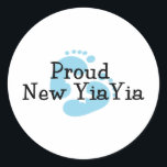 Proud New Yiayia Baby boy Footprints Classic Round Sticker<br><div class="desc">Our Proud New Yiayia T-shirt design is available with blue or pink baby footprints for a baby girl or baby boy.  Our baby footprint new grandparent  announcement design is available on tees,  shirts,  sweatshirts,  tote bags,  hats,  buttons,  mugs & more.</div>