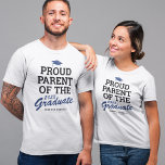 Proud Parent Family Graduate Black Blue T-Shirt<br><div class="desc">Custom graduation family t-shirt featuring a blue grad cap,  the saying "proud parent of the graduate" which can be personalised to mum,  dad,  bestie,  sister,  brother,  grandma,  grandpa or any other title,  the class year,  the graduates name,  and the school or college they attended.</div>