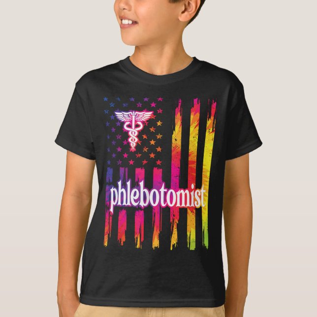 Proud Phlebotomist US Flag Phlebotomy T-Shirt (Front)