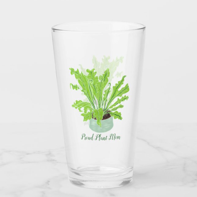 Proud Plant Mom - bird's nest fern on white.  Glass (Front)