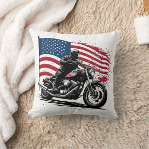 Proud rider with American flag in sunset glow Cushion