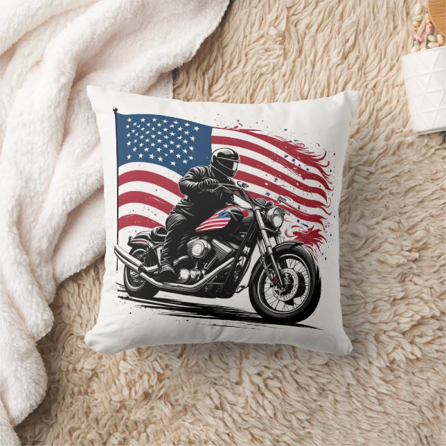 Proud rider with American flag in sunset glow Cushion (Blanket)