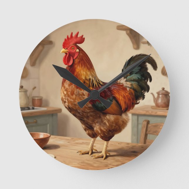Proud Rooster Farmhouse Kitchen Round Clock (Front)