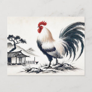 Proud Rooster Standing Before Barn Holiday Postcard