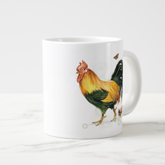 Proud Rooster with hen and chickens. Large Coffee Mug (Front Right)