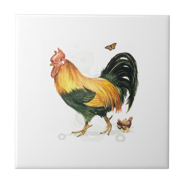 Proud Rooster with hen and chickens. Tile (Front)