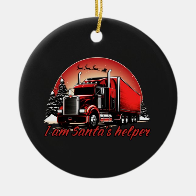 Proud Santa’s Helper Trucker Christmas Ceramic Tree Decoration (Front)
