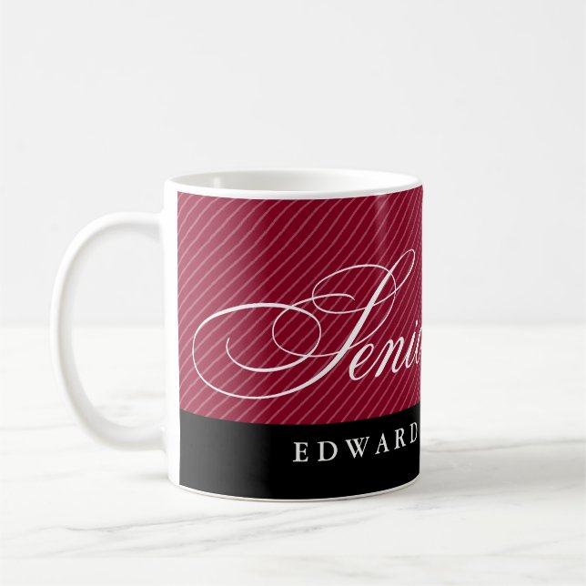 Proud seniors black maroon red stripes class year coffee mug (Left)
