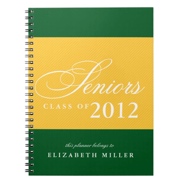 Proud seniors green yellow stripes class year notebook (Front)