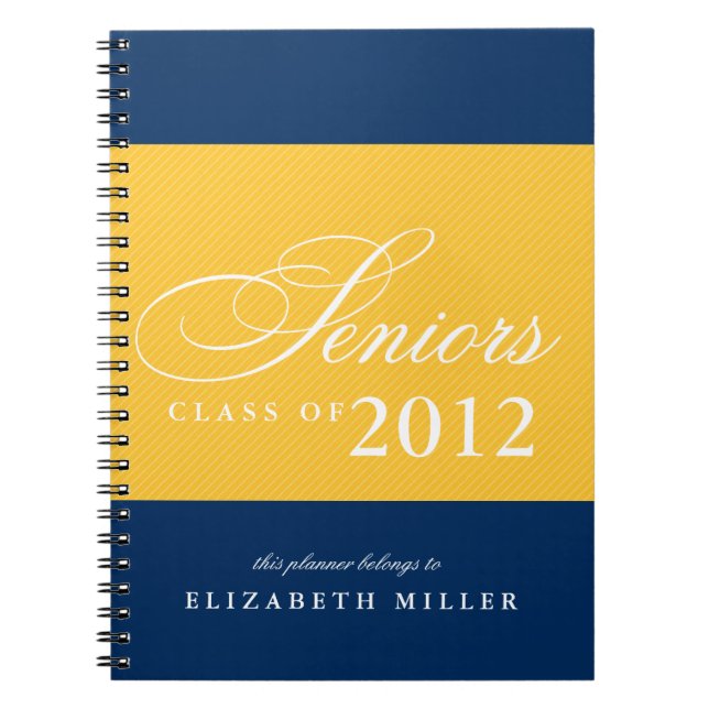 Proud seniors navy blue yellow stripes class year notebook (Front)