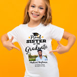 Proud Sister of a graduate photo name T-Shirt<br><div class="desc">Celebrate your brother's or sister's graduation with this modern t-shirt featuring a "Proud SISTER of the Graduate" caption in black contemporary fonts decorated with a grad cap with a golden tassel. Easily customize this t-shirt with a picture of the graduate, the graduation year, and the school's name by editing the...</div>