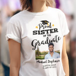 Proud Sister of the graduate photo name T-Shirt<br><div class="desc">Celebrate your brother's or sister's graduation with this modern t-shirt featuring a "Proud SISTER of the Graduate" caption in black contemporary fonts decorated with a grad cap with a golden tassel. Easily customise this t-shirt with a picture of the graduate, the graduation year, and the school's name by editing the...</div>