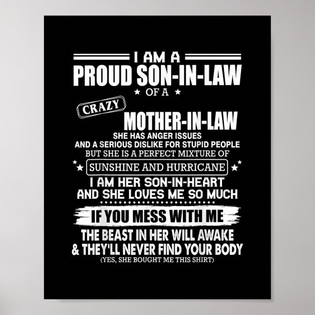 Proud Son Of A Crazy Mother In Law Gift Son Mom Poster (Front)