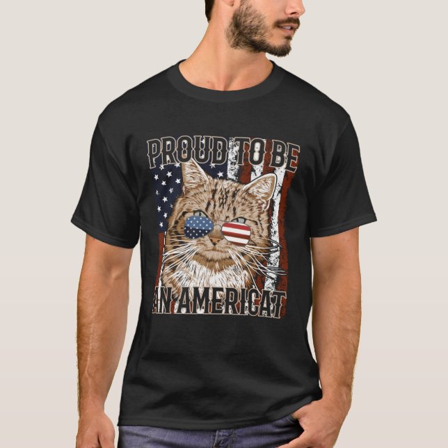 Proud To Be Americat 4th of July Patriotic Cat T-Shirt (Front)
