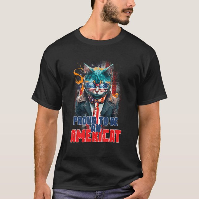 Proud To Be An Americat American Flag 4th July Cat T-Shirt (Front)