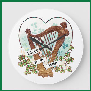 Proud To Be Irish Harp and Green Shamrocks Large Clock