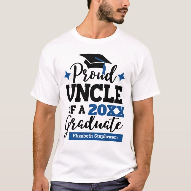 Proud Uncle 2022 graduate black blue tassel name T-Shirt (Front)