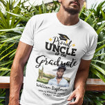 Proud Uncle of the graduate photo name T-Shirt<br><div class="desc">Celebrate your nephew's or niece's graduation with this modern t-shirt featuring a "Proud UNCLE of the Graduate" caption in black contemporary fonts decorated with a grad cap with a golden tassel. Easily customise this t-shirt with a picture of the graduate, the graduation year, and the school's name by editing the...</div>