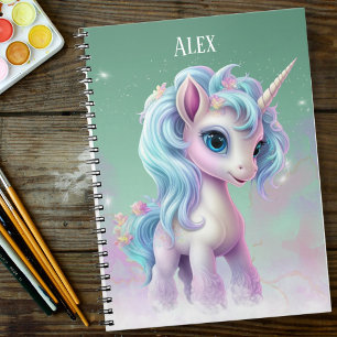 Proud Unicorn green sky, clouds and stars & name Notebook