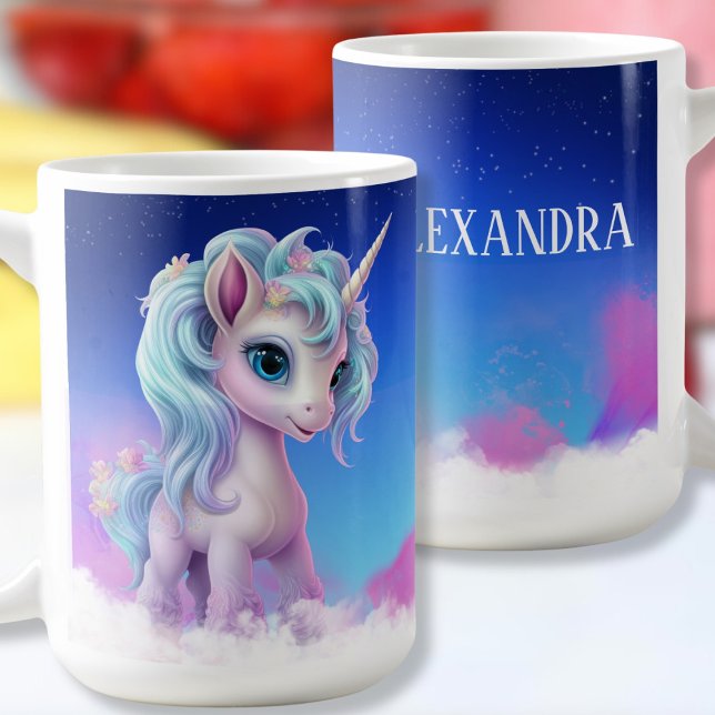 Proud Unicorn on clouds, blue sky,stars & name Coffee Mug (Creator Uploaded)